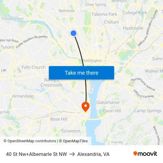 40 St Nw+Albemarle St NW to Alexandria, VA map