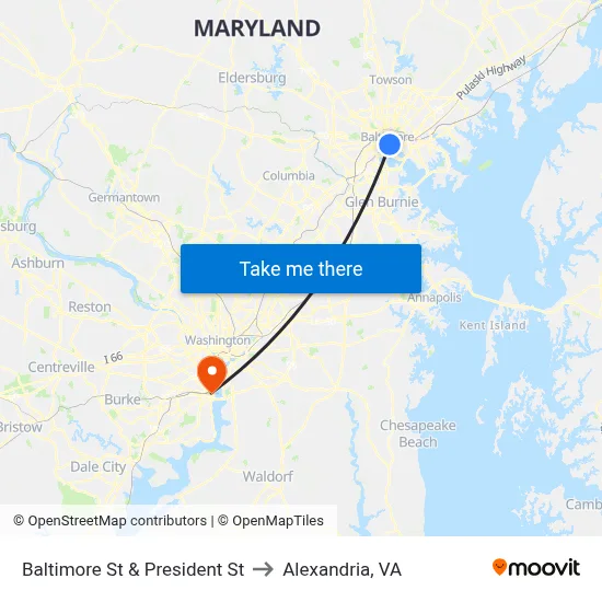 Baltimore St & President St to Alexandria, VA map