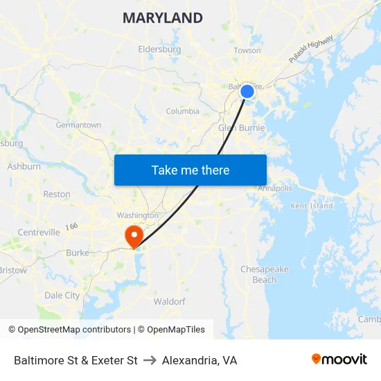 Baltimore St & Exeter St to Alexandria, VA map