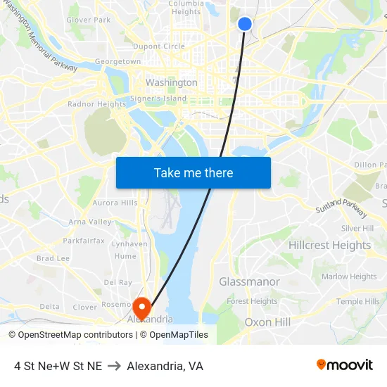 4 St Ne+W St NE to Alexandria, VA map