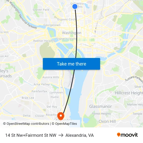 14 St Nw+Fairmont St NW to Alexandria, VA map