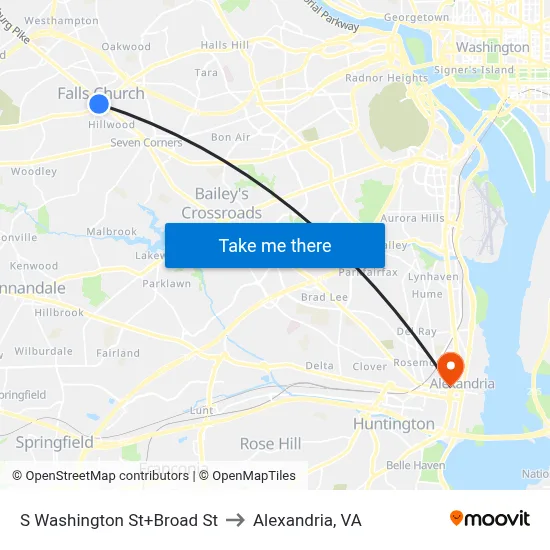 S Washington St+Broad St to Alexandria, VA map