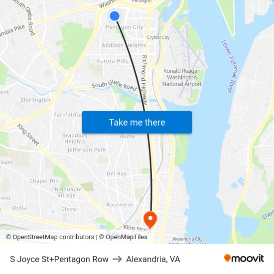 S Joyce St+Pentagon Row to Alexandria, VA map