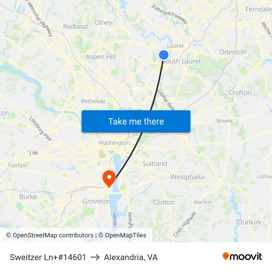 Sweitzer Ln+#14601 to Alexandria, VA map