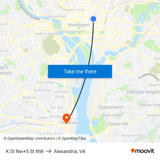 K St Nw+5 St NW to Alexandria, VA map