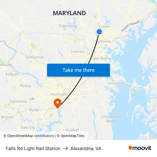 Falls Rd Light Rail Station to Alexandria, VA map