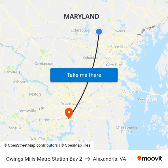 Owings Mills Metro Station Bay 2 to Alexandria, VA map
