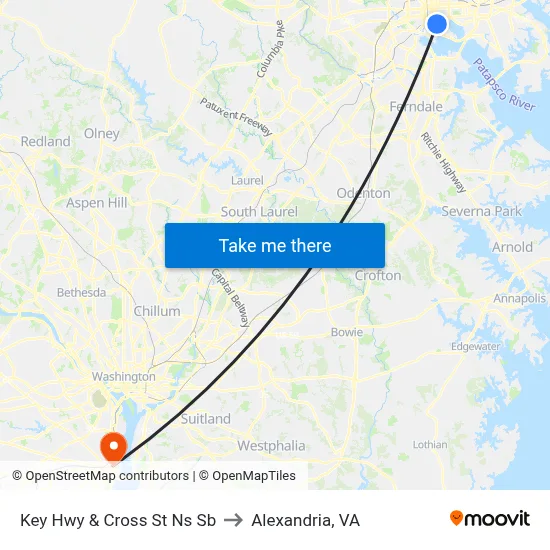 Key Hwy & Cross St Ns Sb to Alexandria, VA map