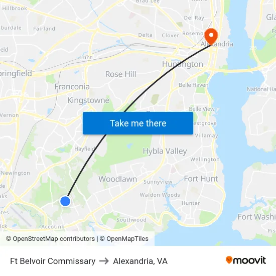 Ft Belvoir Commissary to Alexandria, VA map