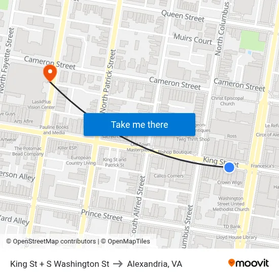 King St + S Washington St to Alexandria, VA map