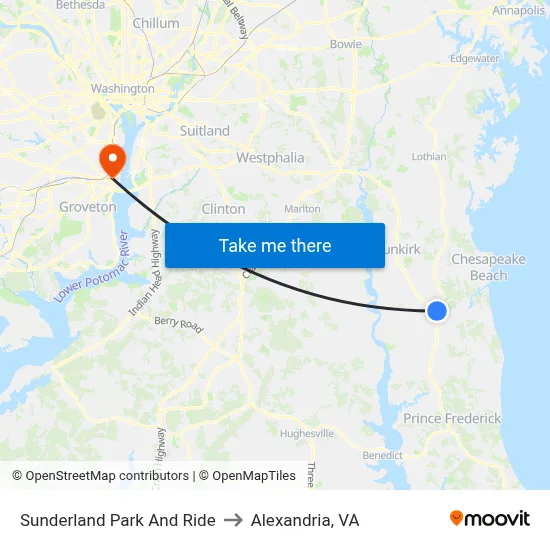 Sunderland Park And Ride to Alexandria, VA map