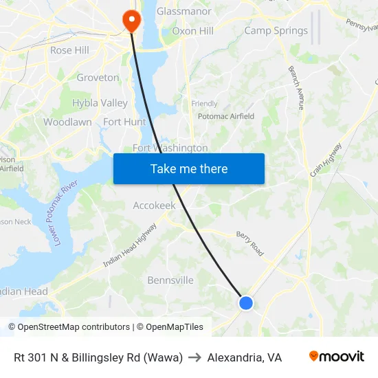 Rt 301 N & Billingsley Rd (Wawa) to Alexandria, VA map