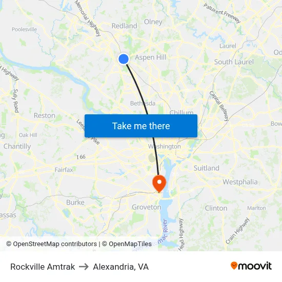 Rockville Amtrak to Alexandria, VA map