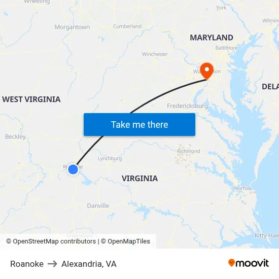Roanoke to Alexandria, VA map