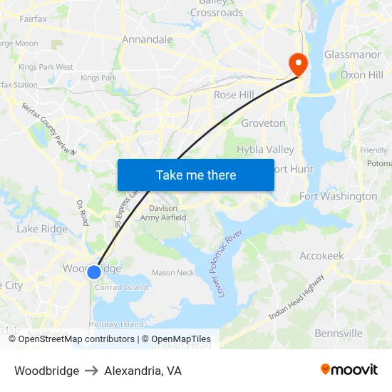 Woodbridge to Alexandria, VA map