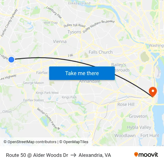 Route 50 @ Alder Woods Dr to Alexandria, VA map