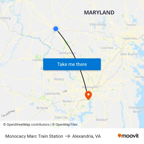Monocacy Marc Train Station to Alexandria, VA map