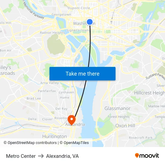 Metro Center to Alexandria, VA map