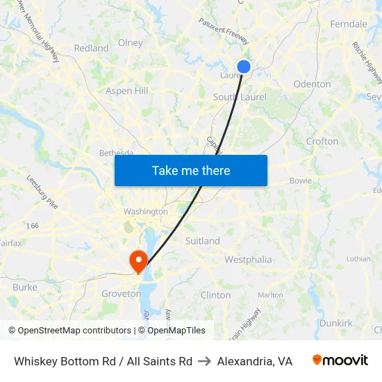 Whiskey Bottom Rd / All Saints Rd to Alexandria, VA map