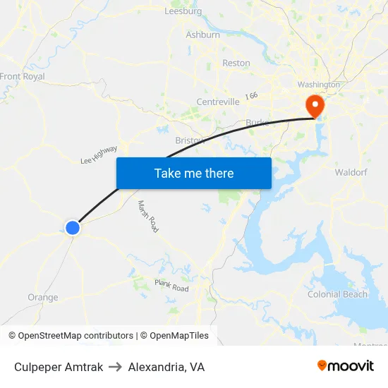 Culpeper Amtrak to Alexandria, VA map