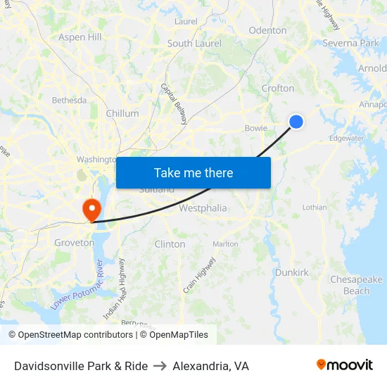 Davidsonville Park & Ride to Alexandria, VA map