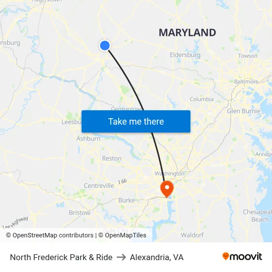 North Frederick Park & Ride to Alexandria, VA map
