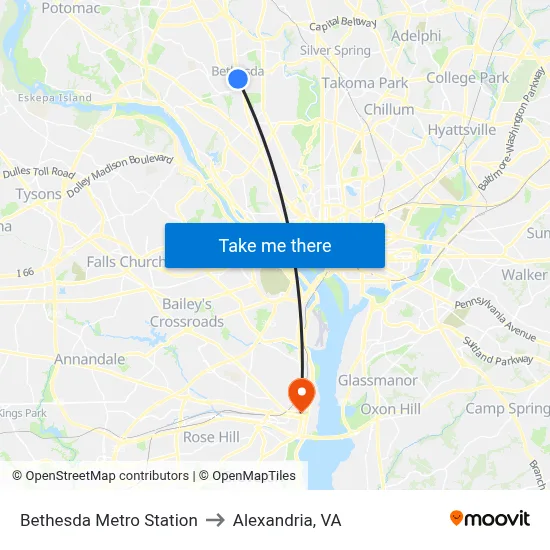Bethesda Metro Station to Alexandria, VA map