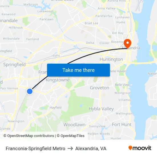 Franconia-Springfield Metro to Alexandria, VA map