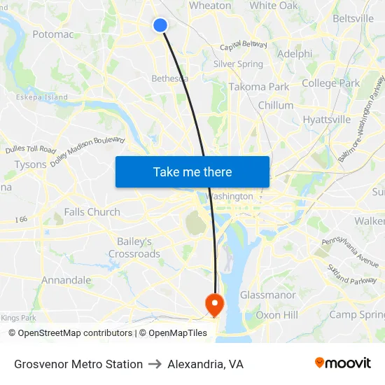 Grosvenor Metro Station to Alexandria, VA map