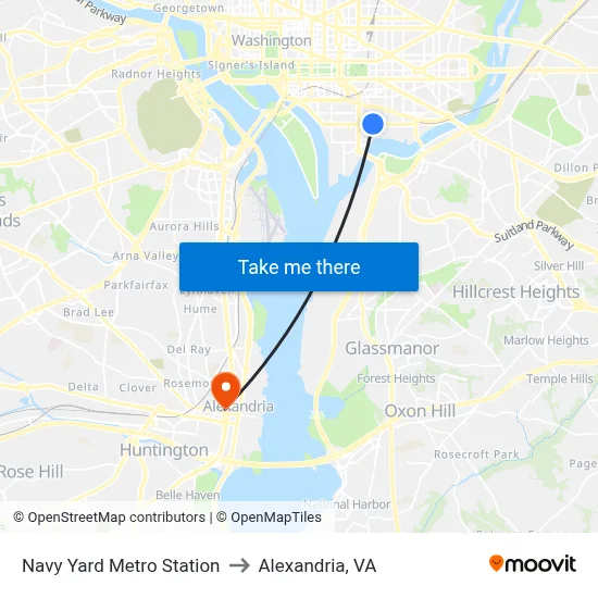 Navy Yard Metro Station to Alexandria, VA map