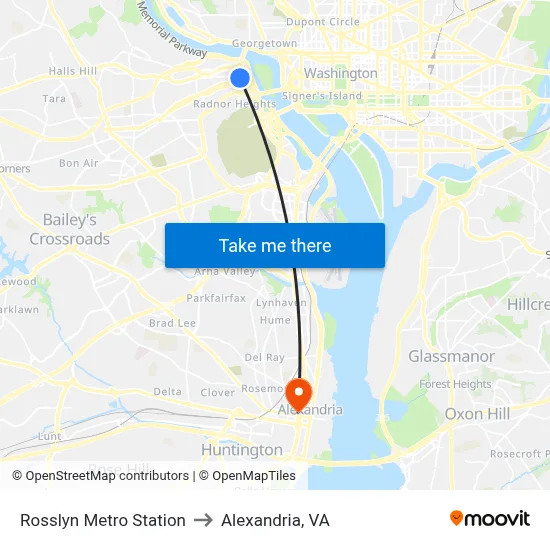 Rosslyn Metro Station to Alexandria, VA map