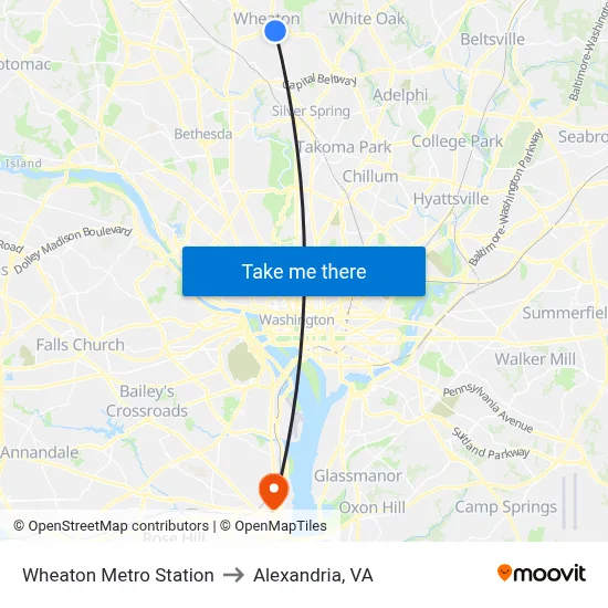 Wheaton Metro Station to Alexandria, VA map