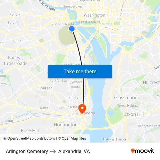 Arlington Cemetery to Alexandria, VA map