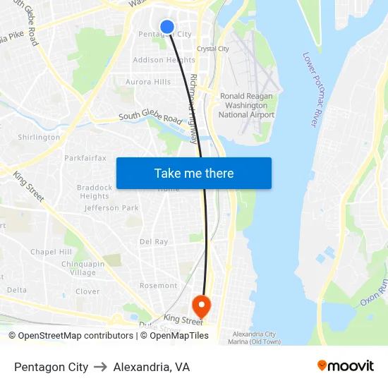 Pentagon City to Alexandria, VA map