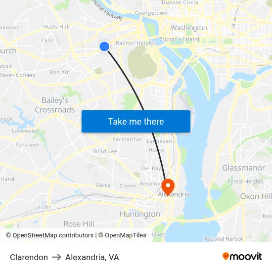 Clarendon to Alexandria, VA map