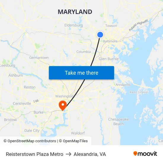 Reisterstown Plaza Metro to Alexandria, VA map