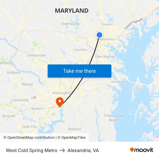 West Cold Spring Metro to Alexandria, VA map