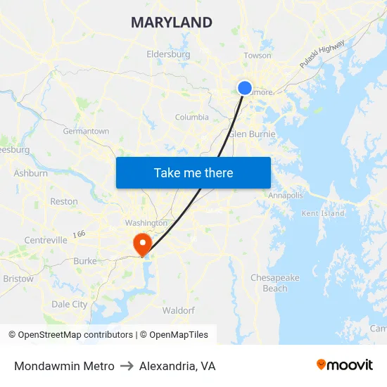 Mondawmin Metro to Alexandria, VA map
