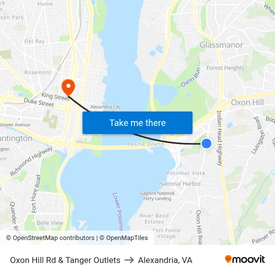 Oxon Hill Rd & Tanger Outlets to Alexandria, VA map