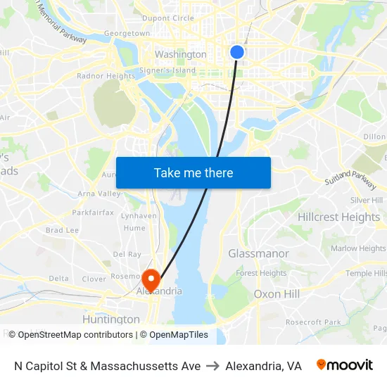 N Capitol St & Massachussetts Ave to Alexandria, VA map