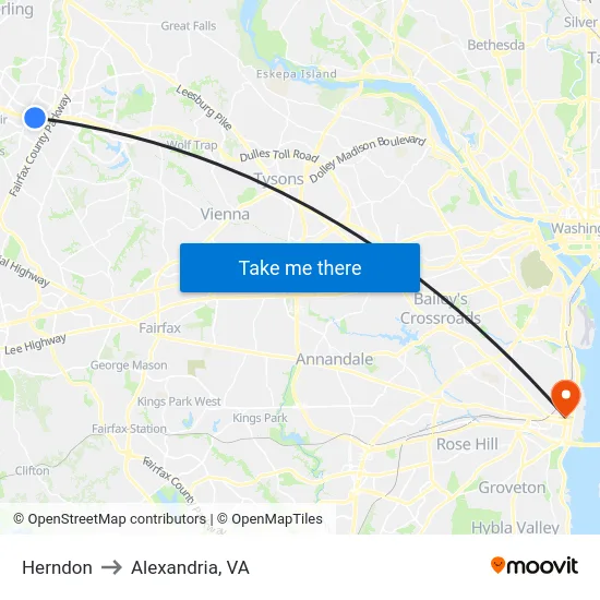 Herndon to Alexandria, VA map