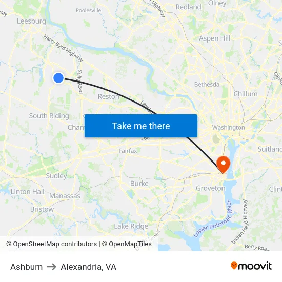 Ashburn to Alexandria, VA map