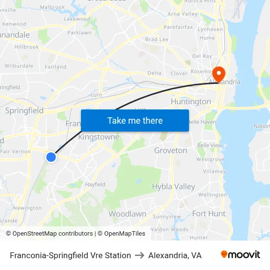 Franconia-Springfield Vre Station to Alexandria, VA map