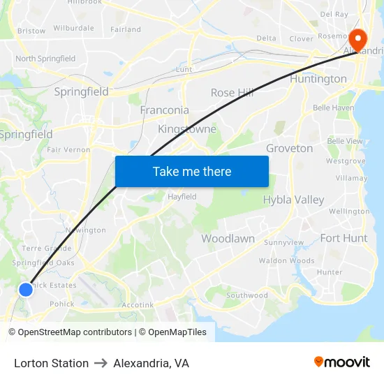 Lorton Station to Alexandria, VA map