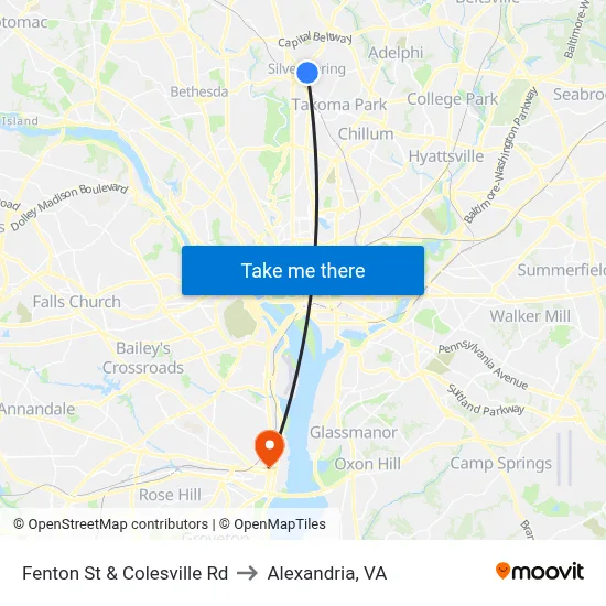 Fenton St & Colesville Rd to Alexandria, VA map
