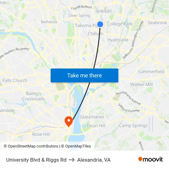 University Blvd & Riggs Rd to Alexandria, VA map
