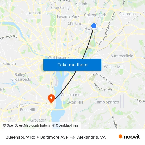 Queensbury Rd + Baltimore Ave to Alexandria, VA map
