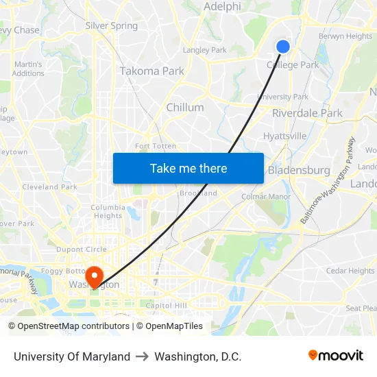 University Of Maryland to Washington, D.C. map