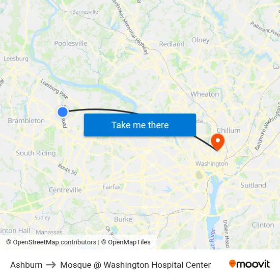 Ashburn to Mosque @ Washington Hospital Center map