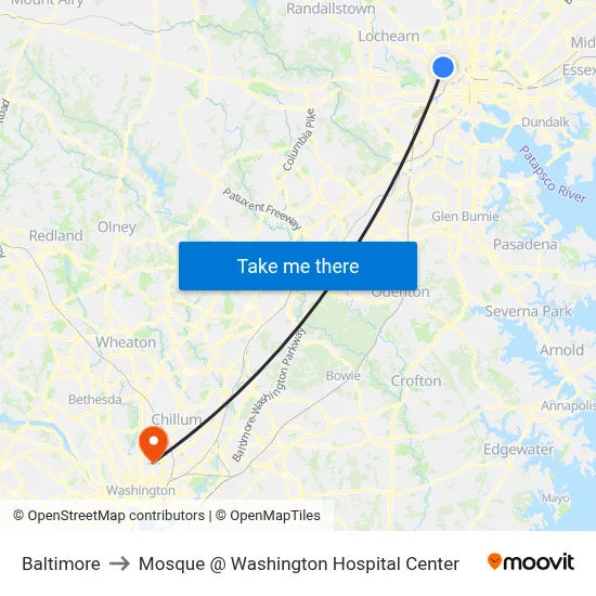 Baltimore to Mosque @ Washington Hospital Center map